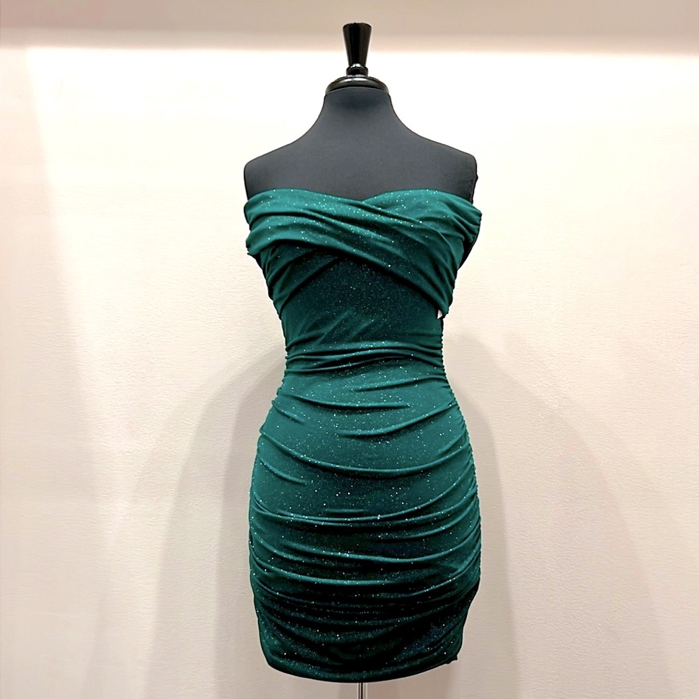 Glitter off the Shoulder Emerald Mini Dress